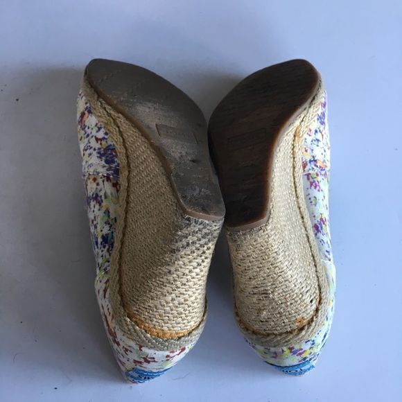 TOMS CANVAS WEDGE ESPADRILLE PEEP TOE HEELS ABSTRACT FLORAL WHITE MULTI … - Picture 7 of 7